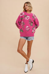 Fuchsia Floral Fuzzy Knit Sweater