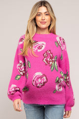 Fuchsia Floral Fuzzy Knit Maternity Sweater