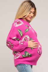 Fuchsia Floral Fuzzy Knit Maternity Sweater