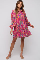 Magenta Floral Paisley Collared Button Front Dress