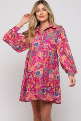 Magenta Floral Paisley Collared Button Front Maternity Dress