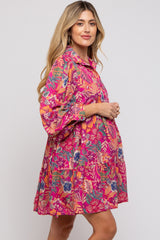 Magenta Floral Paisley Collared Button Front Maternity Dress