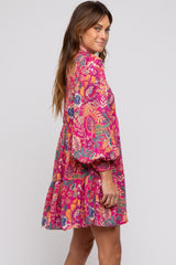 Magenta Floral Paisley Collared Button Front Dress