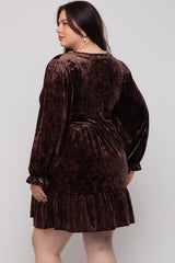 Brown Velvet Long Sleeve Maternity Plus Dress