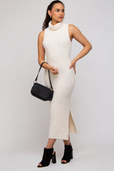 Cream Fuzzy Knit Sleeveless Turtle Neck Midi Dress