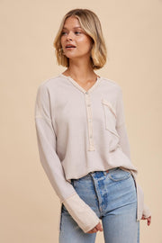 Beige Colorblock Waffle Knit Henley Top