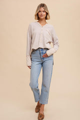 Beige Colorblock Waffle Knit Henley Top