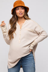 Beige Colorblock Waffle Knit Henley Maternity Top