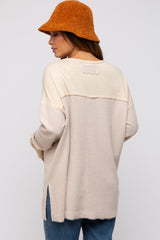 Beige Colorblock Waffle Knit Henley Maternity Top