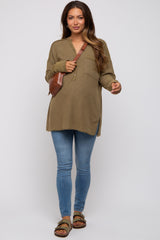 Olive Colorblock Waffle Knit Henley Maternity Top