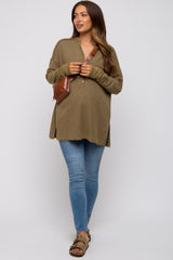 Olive Colorblock Waffle Knit Henley Maternity Top