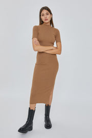 Mocha Knit Fitted Mock Neck Midi Dress