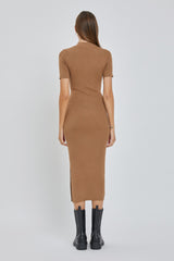 Mocha Knit Fitted Mock Neck Midi Dress