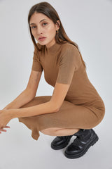 Mocha Knit Fitted Mock Neck Midi Dress