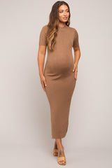 Mocha Knit Fitted Mock Neck Maternity Midi Dress