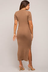 Mocha Knit Fitted Mock Neck Maternity Midi Dress