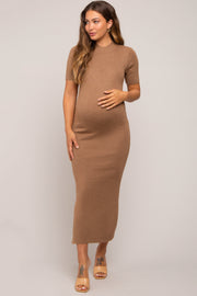 Mocha Knit Fitted Mock Neck Maternity Midi Dress