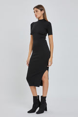 Black Knit Fitted Mock Neck Midi Dress