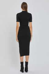 Black Knit Fitted Mock Neck Midi Dress