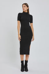 Black Knit Fitted Mock Neck Midi Dress