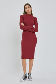 Burgundy Ribbed Fitted Mock Neck Long Sleeve Dress