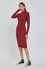 Burgundy Ribbed Fitted Mock Neck Long Sleeve Dress