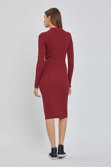 Burgundy Ribbed Fitted Mock Neck Long Sleeve Dress