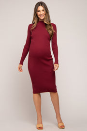 Burgundy Ribbed Fitted Mock Neck Long Sleeve Maternity Dress