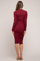 Burgundy Ribbed Fitted Mock Neck Long Sleeve Maternity Dress