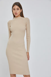 Beige Ribbed Fitted Mock Neck Long Sleeve Dress