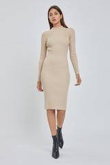 Beige Ribbed Fitted Mock Neck Long Sleeve Dress