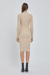 Beige Ribbed Fitted Mock Neck Long Sleeve Dress