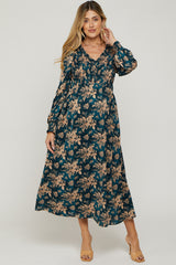 Teal Floral Long Sleeve Maternity Maxi Dress