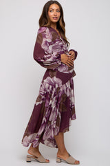 Plum Floral Chiffon Wrap Front Ruffle Maternity Midi Dress