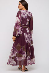 Plum Floral Chiffon Wrap Front Ruffle Maternity Midi Dress