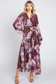 Plum Floral Chiffon Wrap Front Ruffle Midi Dress