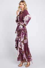 Plum Floral Chiffon Wrap Front Ruffle Midi Dress