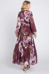 Plum Floral Chiffon Wrap Front Ruffle Midi Dress