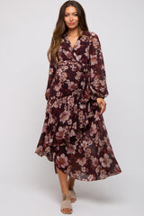 Burgundy Floral Chiffon Wrap Front Ruffle Maternity Midi Dress