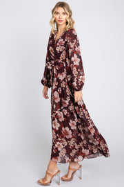 Burgundy Floral Chiffon Wrap Front Ruffle Midi Dress