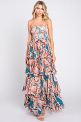 Teal Floral Flounce Tier Maternity Maxi Dress