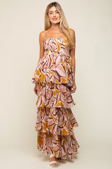 Gold Floral Flounce Tier Maternity Maxi Dress