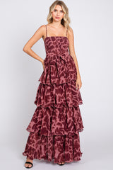 Burgundy Animal Print Flounce Tier Maxi Dress