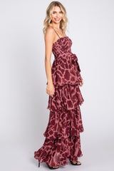 Burgundy Animal Print Flounce Tier Maxi Dress