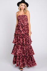 Burgundy Animal Print Flounce Tier Maxi Dress