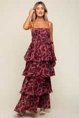 Burgundy Animal Print Flounce Tier Maternity Maxi Dress