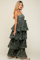 Olive Animal Print Flounce Tier Maternity Maxi Dress