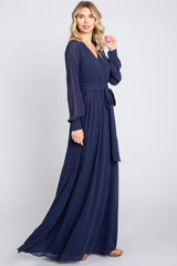 Navy Blue Chiffon Wrap Gown