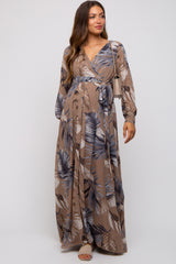 Taupe Palm Print Chiffon Wrap Front V-Neck Long Sleeve Maternity Maxi Dress