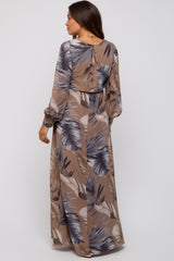 Taupe Palm Print Chiffon Wrap Front V-Neck Long Sleeve Maternity Maxi Dress